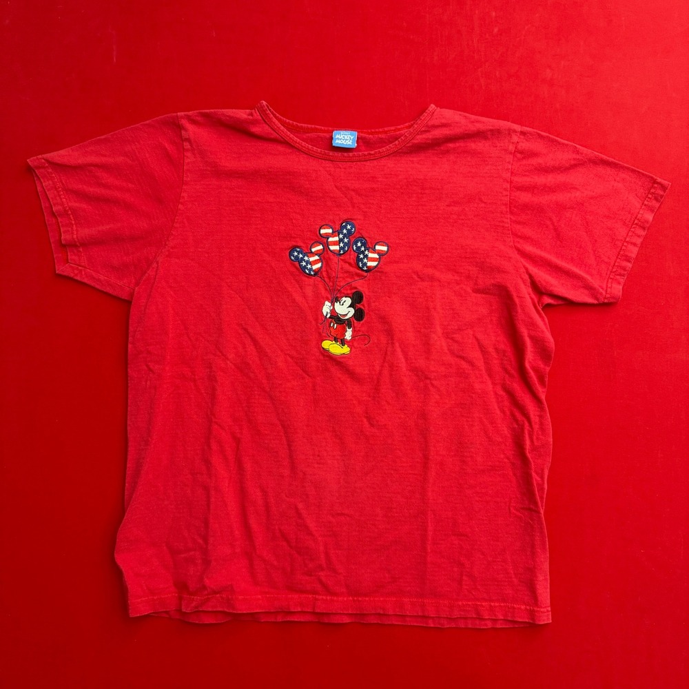 VTG 90's Disney Mickey Mouse Red Embroidered American Flag Balloon Shirt Women L